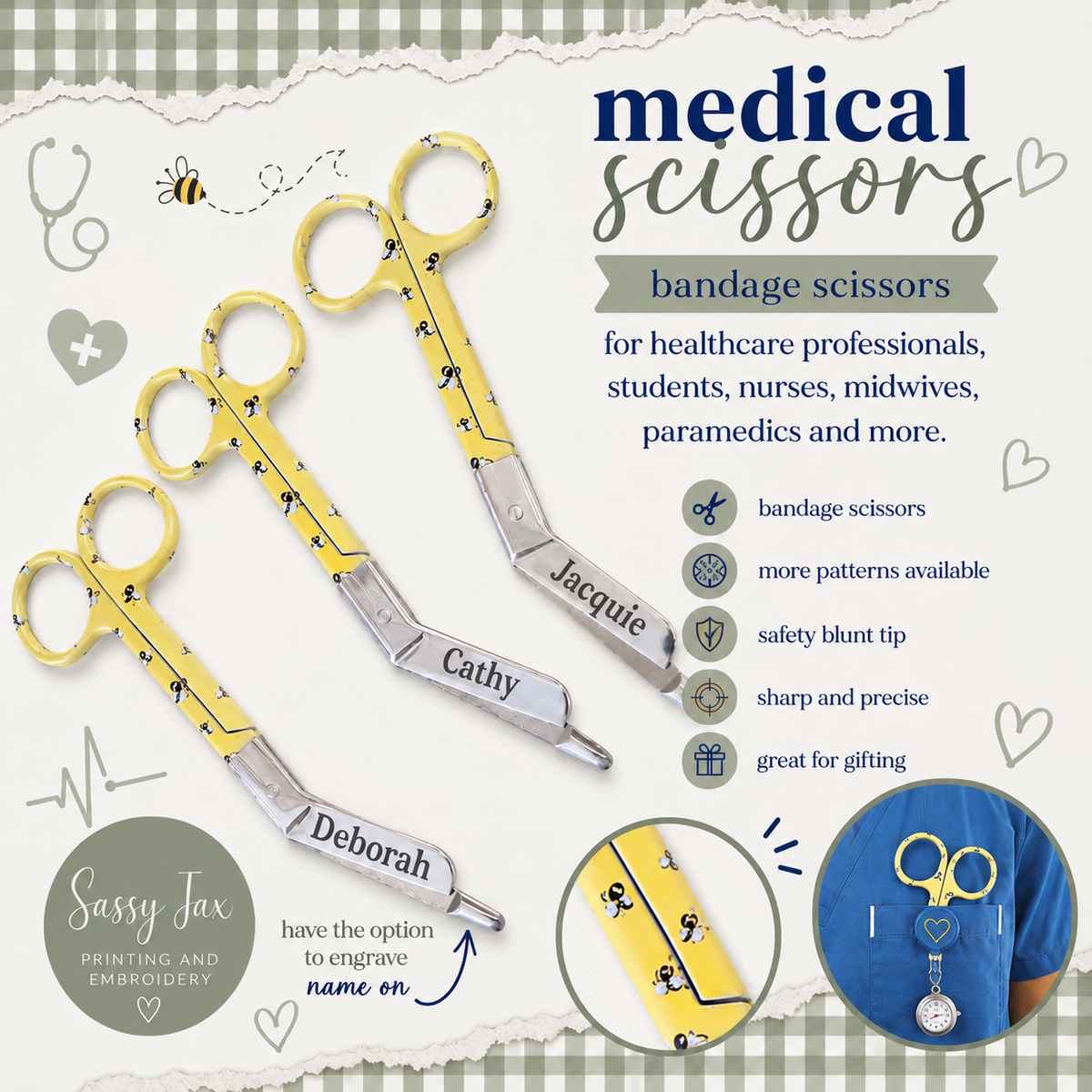 Nurse medical personalised scissors, scissors for midwife, doctor, paramedic, student nurse, student midwife, nurse pastel colour scissors pink