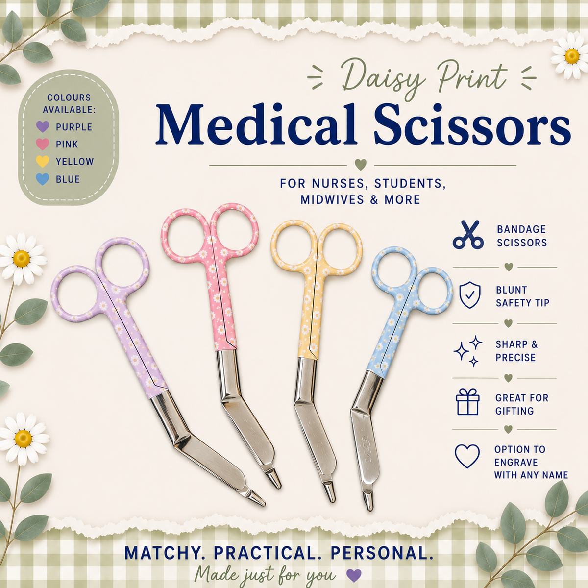 Nurse medical personalised scissors, scissors for midwife, doctor, paramedic, student nurse, student midwife, nurse pastel colour scissors pink