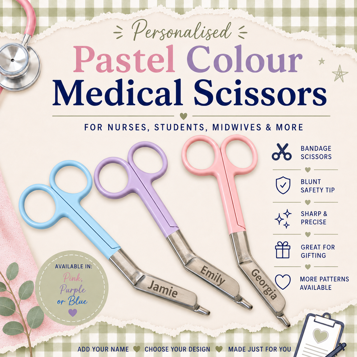 Nurse medical personalised scissors, scissors for midwife, doctor, paramedic, student nurse, student midwife, nurse pastel colour scissors pink