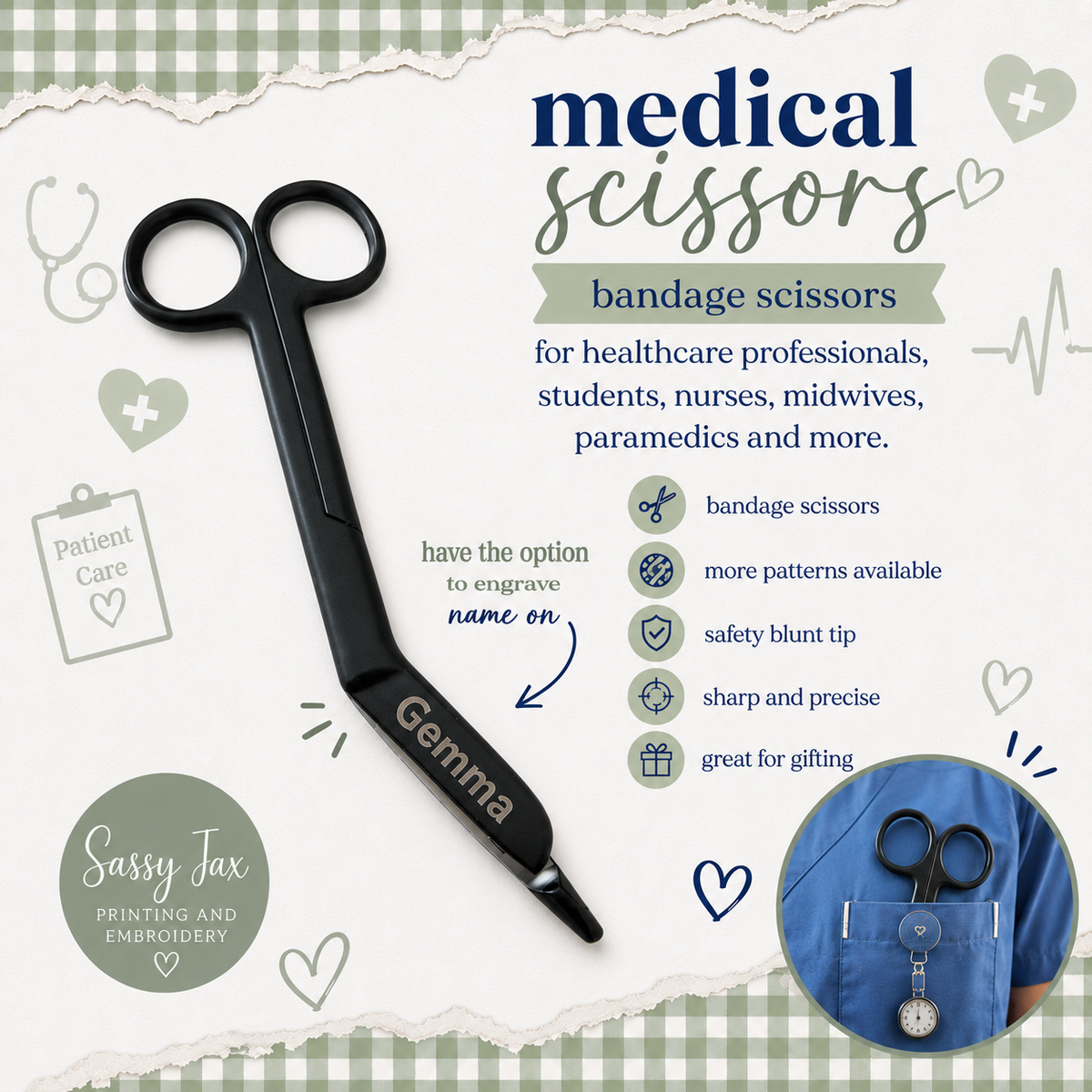 Nurse medical personalised scissors, scissors for midwife, doctor, paramedic, student nurse, student midwife, nurse pastel colour scissors pink
