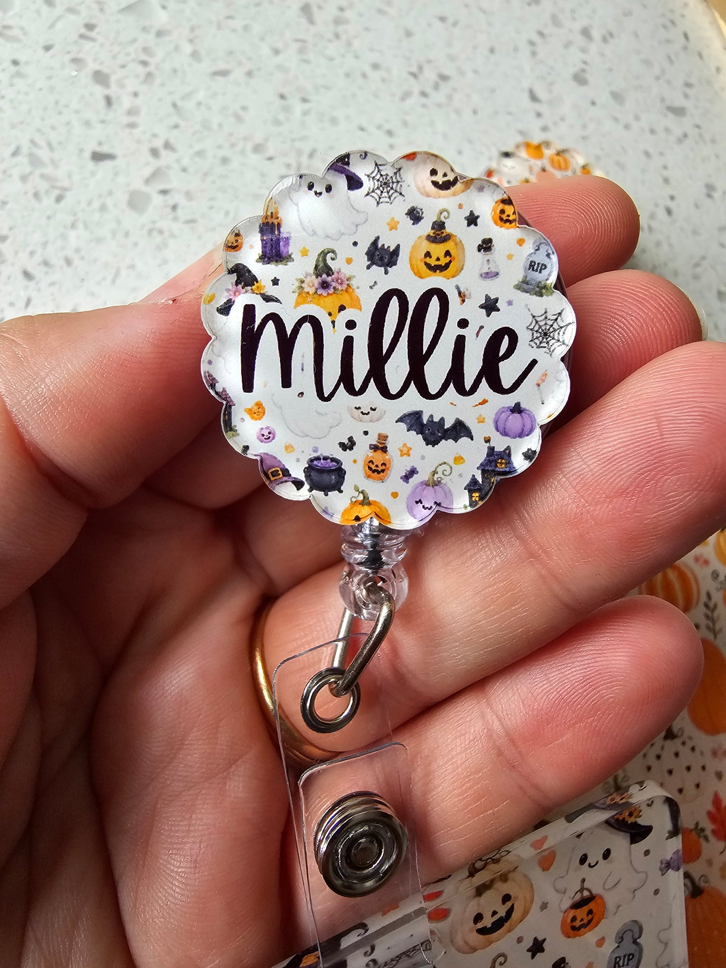 Halloween badge reel, personalised retractable reel, halloween theme nurse badge, midwife, student nurse.