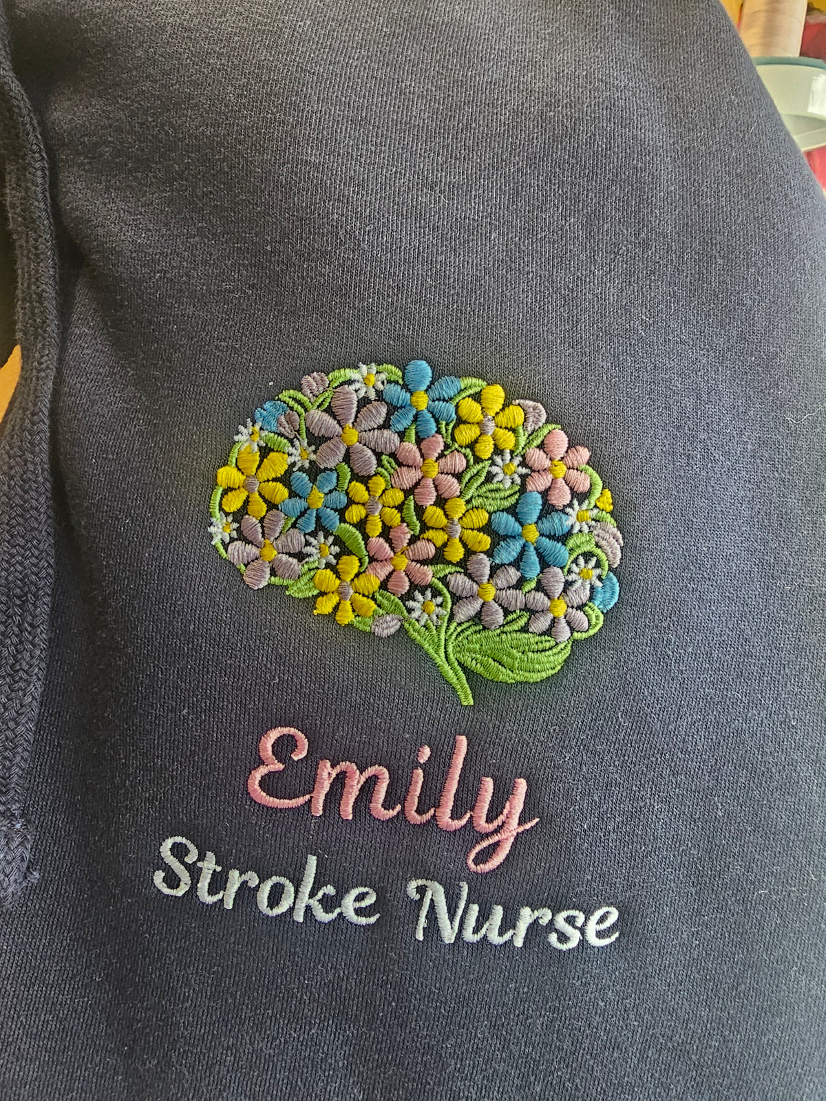Embroidered Floral Brain Hoodie, Mental Health Hoodie, Neuro Nurse, Stroke Unit Personalsied Nurse Jacket