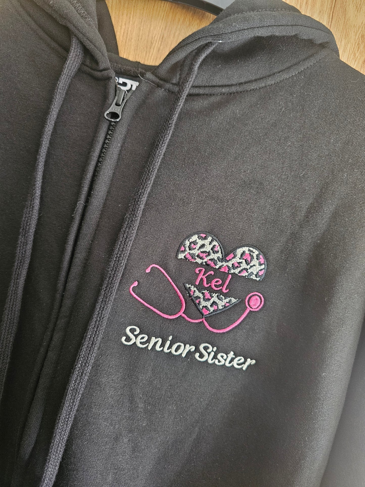 Embroidered work hoodie, animal print heart stethoscope, nurse hoodie, midwife, student midwife jacket