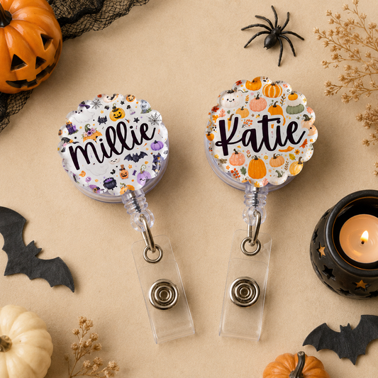 Halloween badge reel, personalised retractable reel, halloween theme nurse badge, midwife, student nurse.