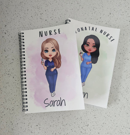 Personalised Character Notebook, Nurse, student nurse, student midwife, doctor, scrubs gift, student study gift notebook