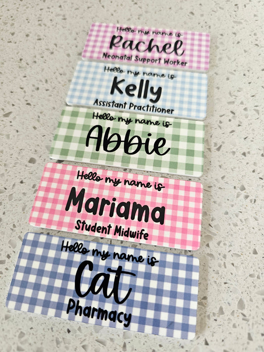 Nurse name badge, midwife name badge, student nurse name badge, student midwife badge, doctor name badge, gingham colour patterns