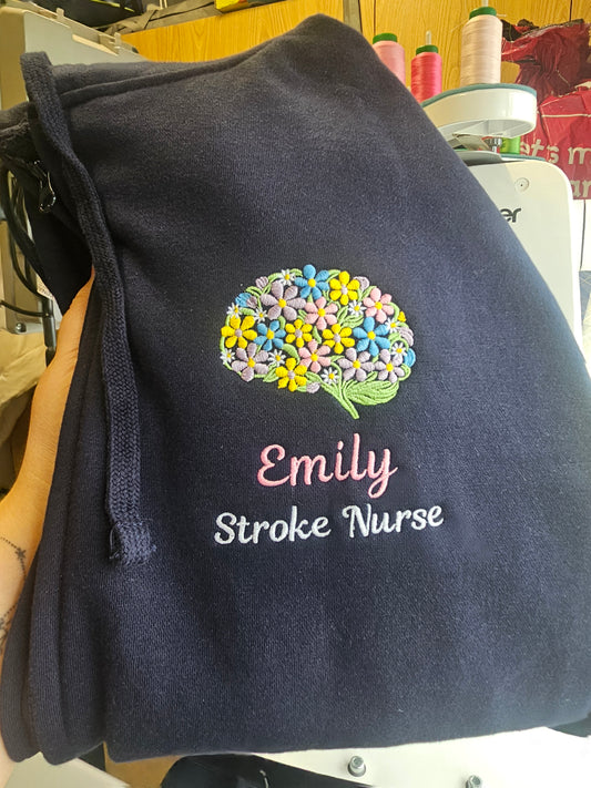 Embroidered Floral Brain Hoodie, Mental Health Hoodie, Neuro Nurse, Stroke Unit Personalsied Nurse Jacket
