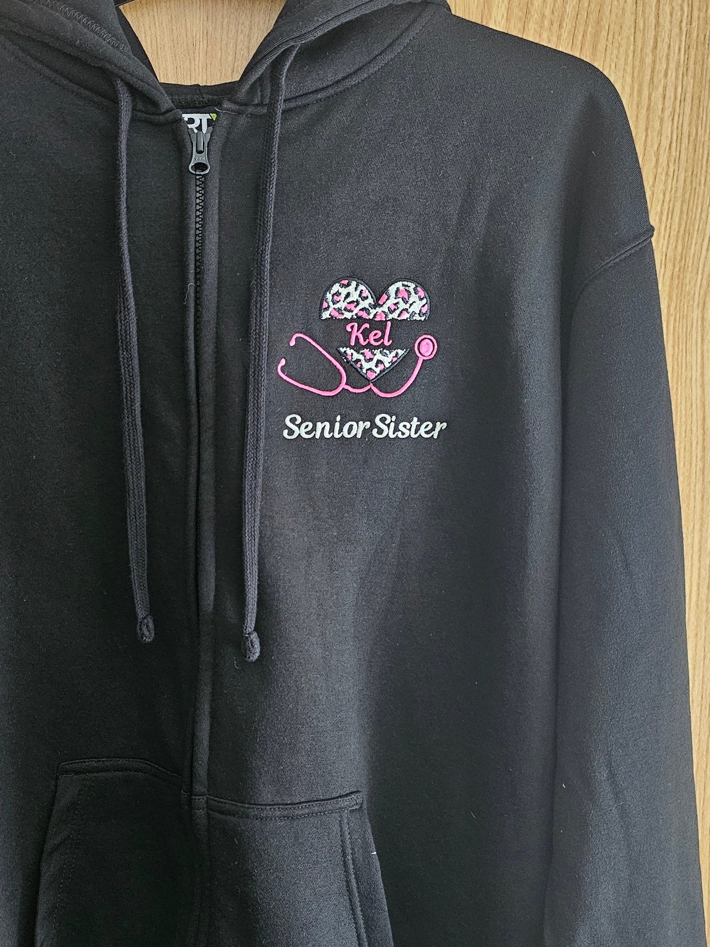 Embroidered work hoodie, animal print heart stethoscope, nurse hoodie, midwife, student midwife jacket