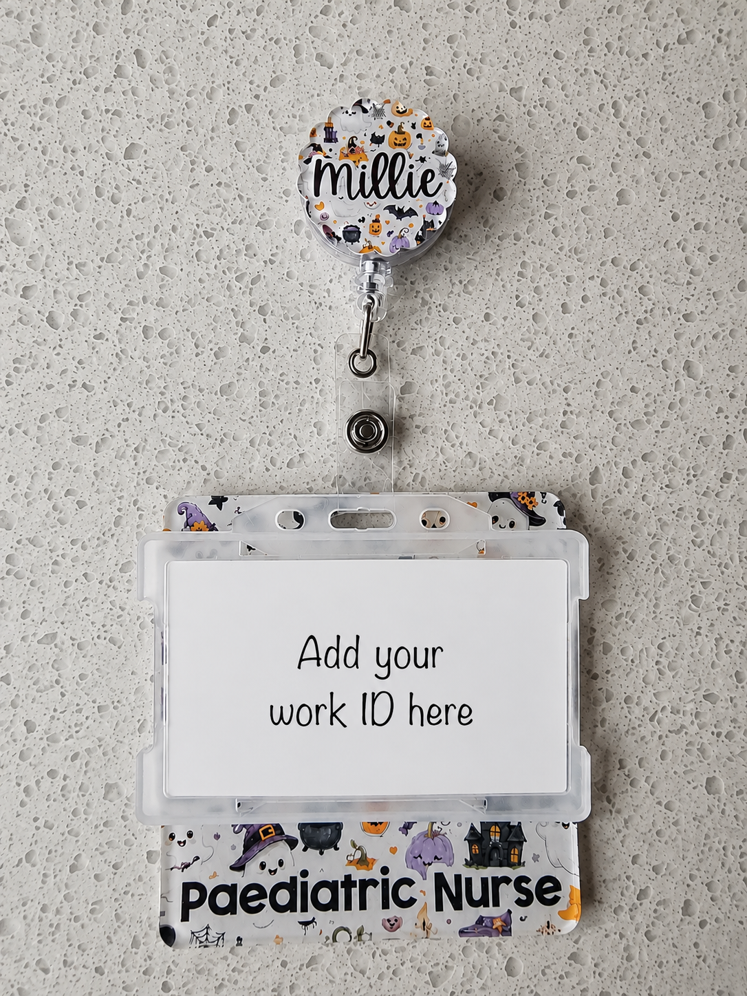 Halloween badge reel, personalised retractable reel, halloween theme nurse badge, midwife, student nurse.