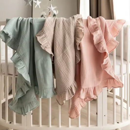 TESTER - Muslin baby blanket with frilly edge, embroidered with any name