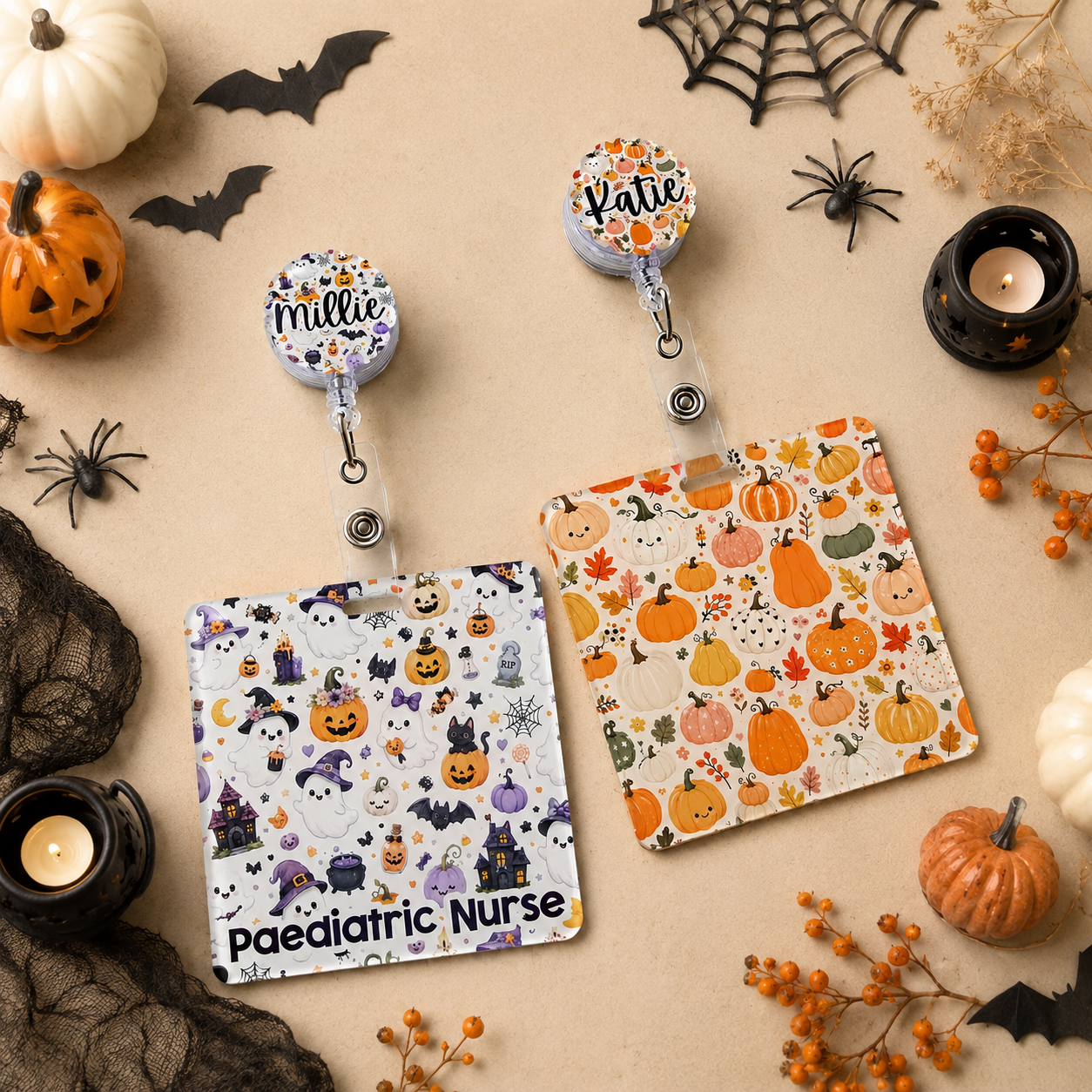 Halloween badge reel, personalised retractable reel, halloween theme nurse badge, midwife, student nurse.