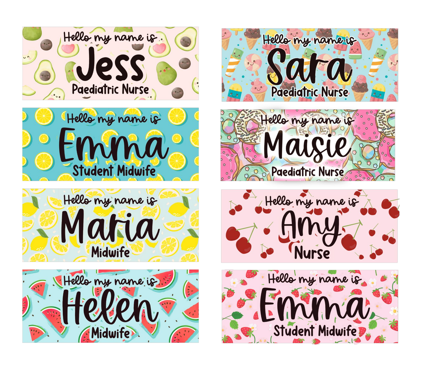 Nurse name badge, midwife name badge, student nurse name badge, student midwife badge, doctor name badge, cute fruit/food patterns